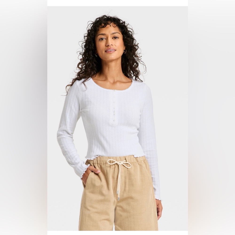 Women's Long Sleeve Pointelle Henley Shirt - Universal Thread White M